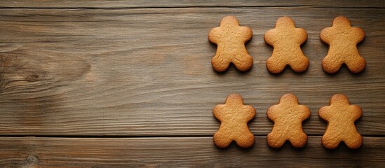 Fototapeta premium Gingerbread men cookies arranged in a row on a wooden surface with Copy Space for text placement