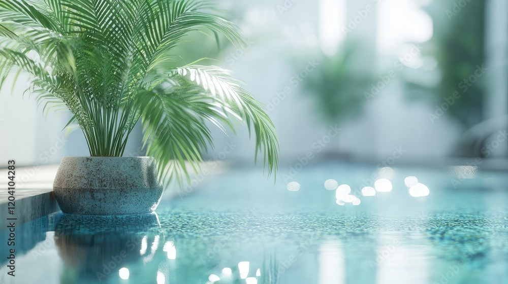 Poster indoor pool with reflective water and potted palm plant creating a tranquil atmosphere with soft bok