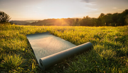 serene yoga mat laid out in grassy field with soft sunlight, symbolizing harmony and mindfulness