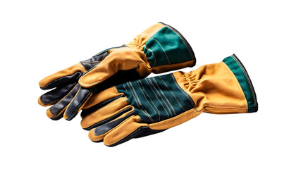 Pair of tan and green work gloves isolated on black.