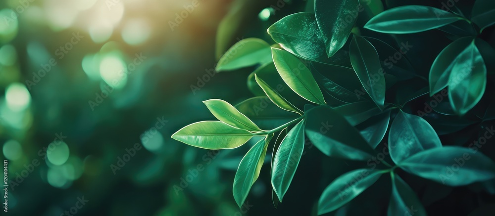 Aufkleber close-up of green leaves with sunlight filtering through foliage creating a natural abstract backgro