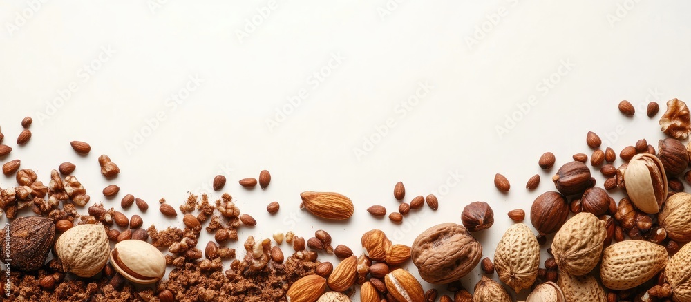 Poster variety of nuts and coffee beans arranged on a light background with ample copy space for text place