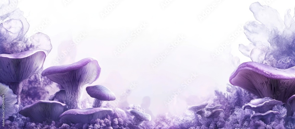 Poster purple mushroom landscape with soft focus and copy space for text placement