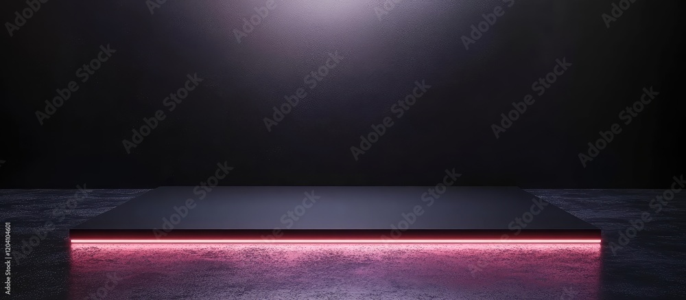 Poster minimalistic display platform with pink backlighting against a dark background, copy space available