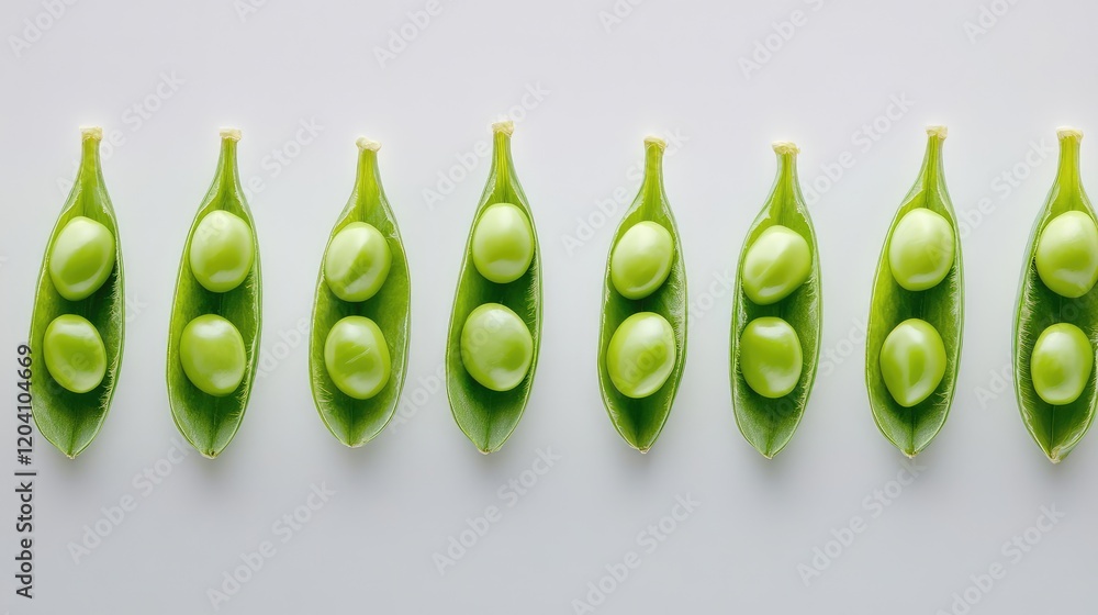 Poster fresh green pea pods arranged in a row with peas inside on a light background and ample copy space f