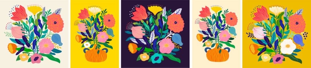 Beautiful romantic botanical collection of posters with flowers, leaves, floral bouquets, flower compositions.	