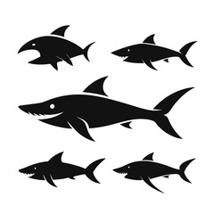 Six Silhouettes of Sharks in Various Poses 