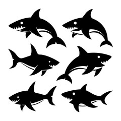 Six Silhouettes of Sharks in Various Poses 