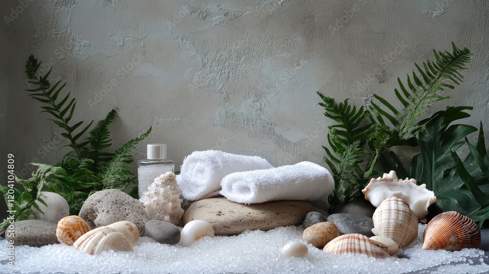 Poster spa setup with towels rocks seashells and ferns on textured surface with copy space for wellness and