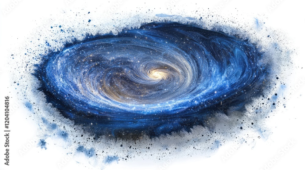 Poster abstract galaxy illustration with swirling patterns and vibrant blue tones featuring copy space for 