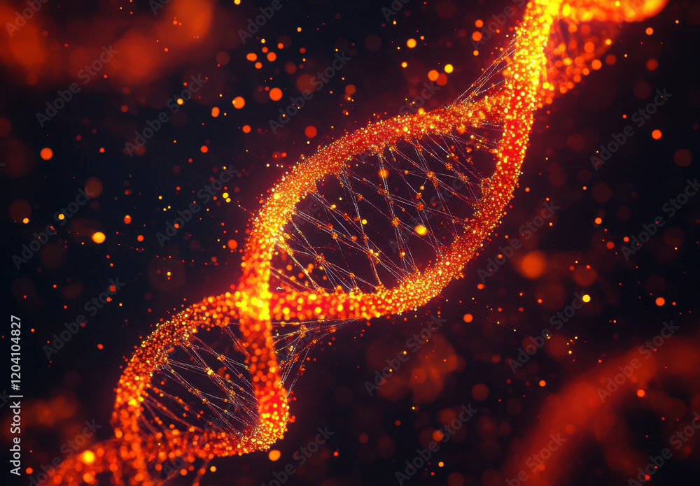 Poster an intricate red dna double helix structure glows vibrantly, surrounded by a dark background filled 