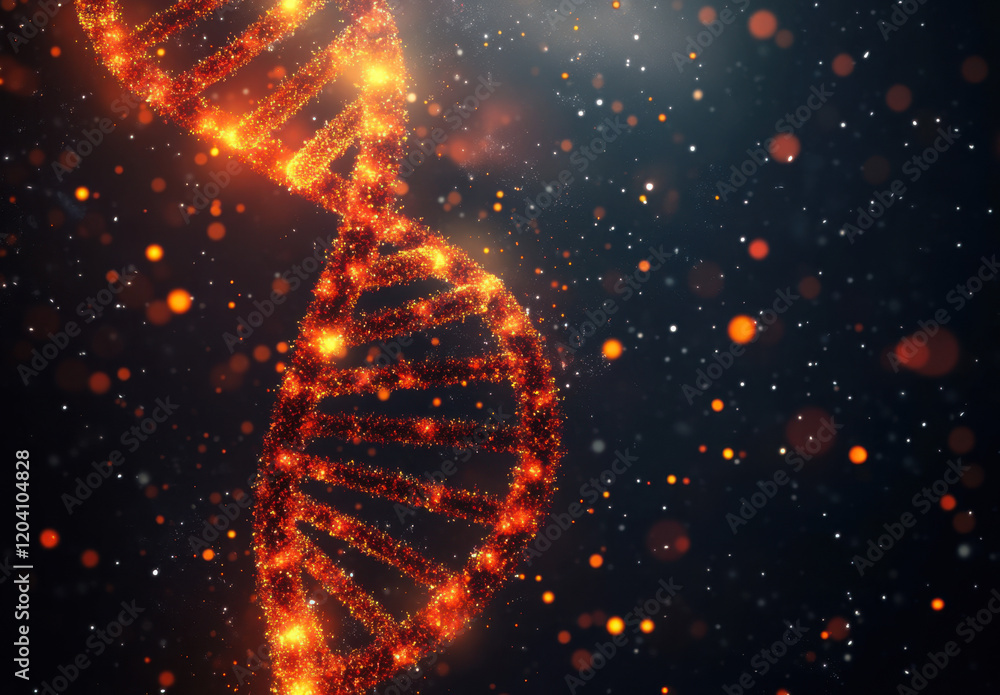 Poster a vibrant red dna double helix structure glows brightly, surrounded by sparkling particles in a dark
