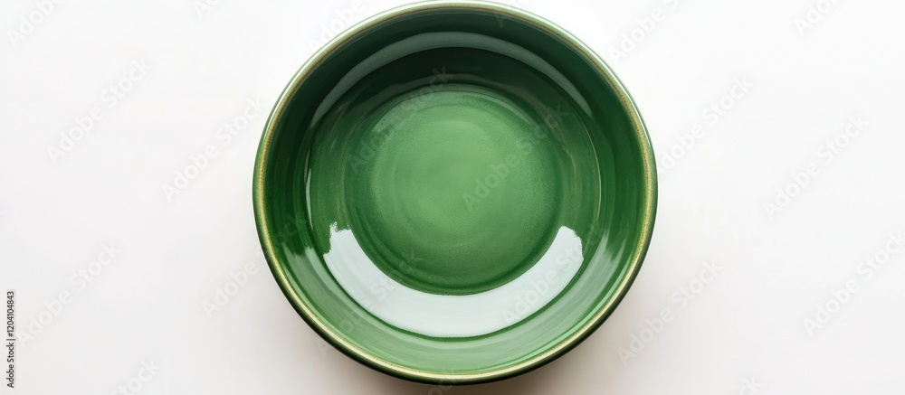 Aufkleber green ceramic bowl top view with reflective surface and smooth rim on white background with ample co