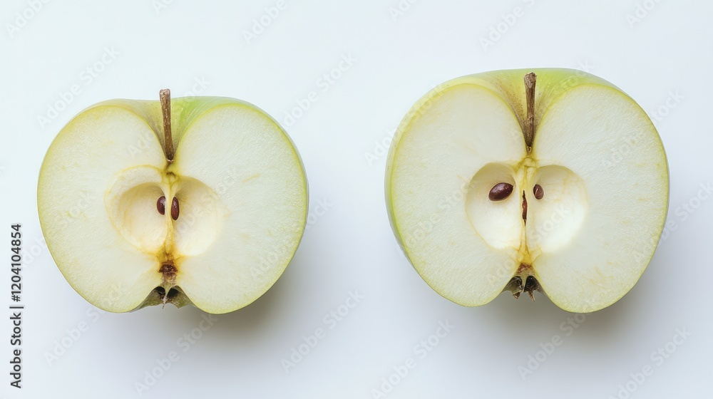 Poster green apple halves with visible seeds on a plain white background with copy space for text placement