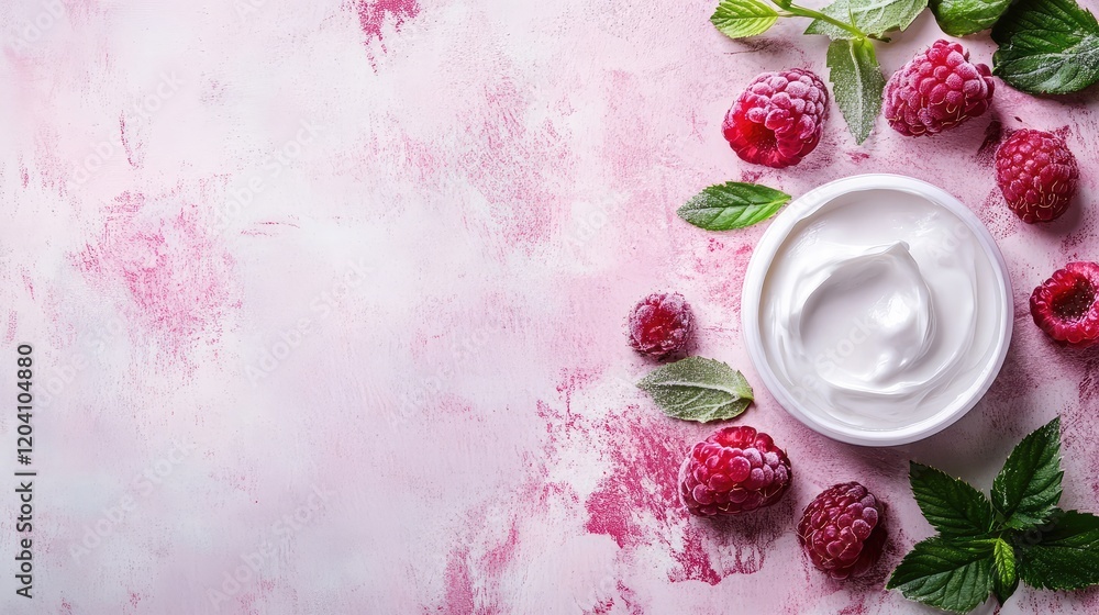 Poster raspberry and mint leaves surrounding a cream jar on a pink textured background with ample copy spac