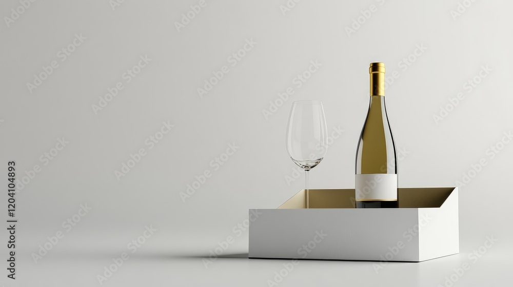 Poster wine bottle with glass in a simple box on a minimalistic background copy space