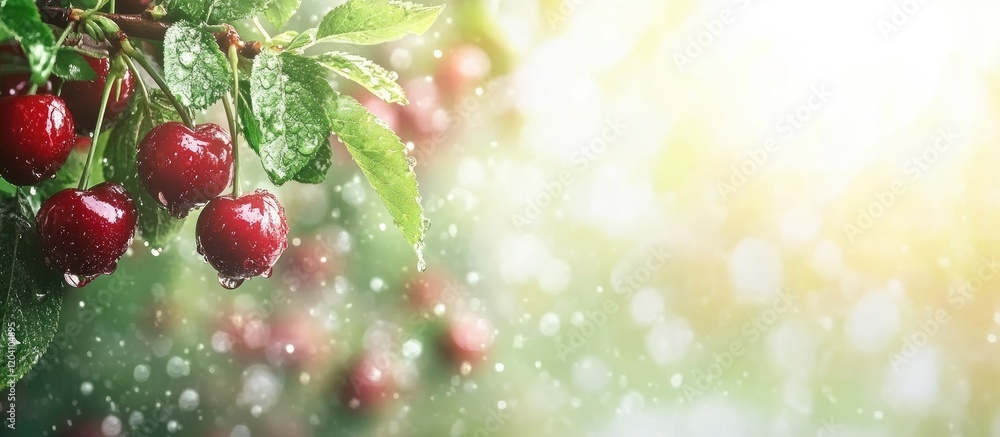 Aufkleber ripe cherries on branch with raindrops and sunlight creating bokeh effect copy space