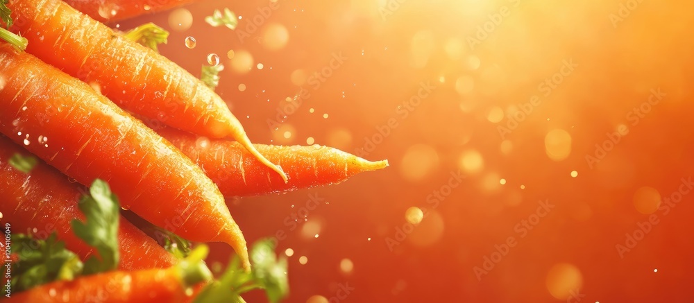 Poster fresh organic carrots on a blurred orange background with bokeh effect and copy space for text overl