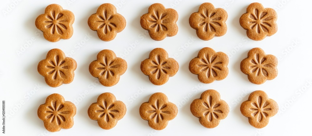 Aufkleber pattern of traditional flower-shaped cookies arranged on a white background with ample copy space fo