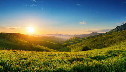 Obraz premium sunrise illuminating lush green valley symbolizes new beginnings and tranquility