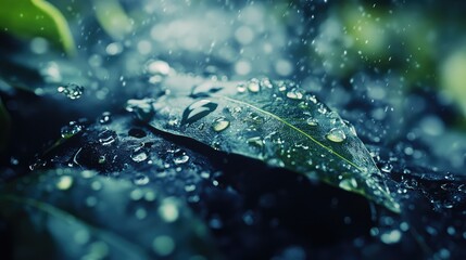 Close-up of green leaves covered in water droplets with rain effect and blurred background Copy Space