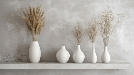Minimalist display of white ceramic vases with dried flowers on a textured gray wall shelf with ample copy space.