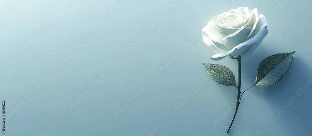 Poster white rose on a soft blue background with leaves and copy space for text placement