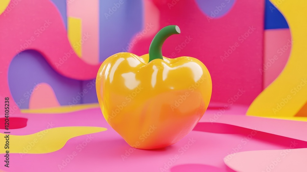 Poster yellow bell pepper placed in a colorful abstract background with vibrant patterns and shapes copy sp