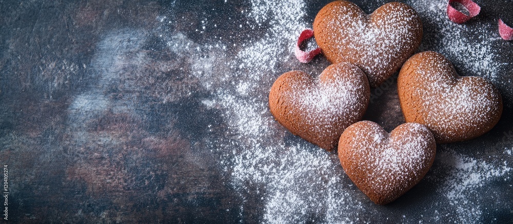Poster heart-shaped cookies with powdered sugar on a dark textured background with rose petals and copy spa
