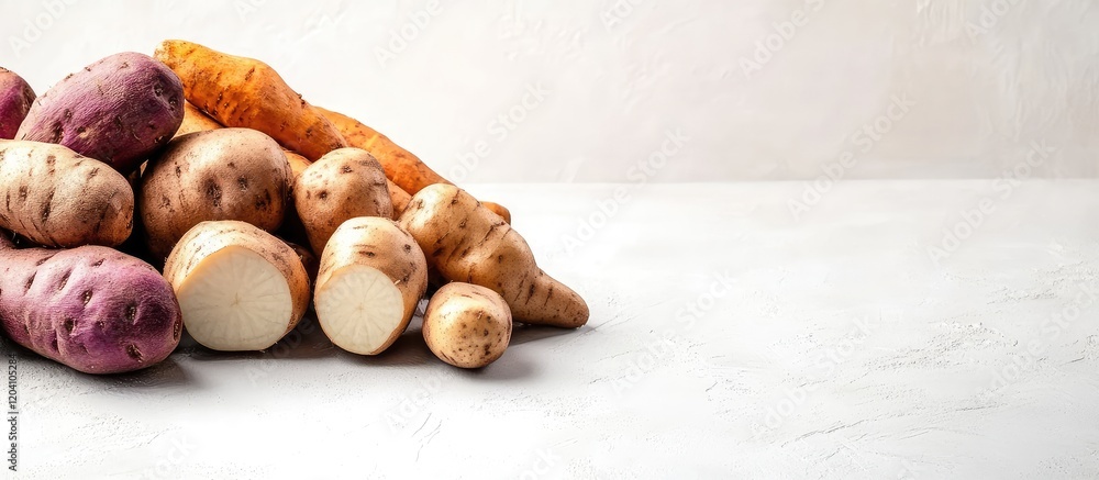 Poster assorted colorful root vegetables including sweet potatoes and yams on a marble countertop with copy