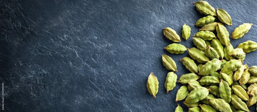 Poster green cardamom pods on a dark slate background with ample copy space for text placement