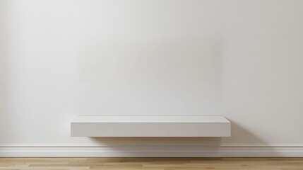 Minimalist white wall shelf on light wooden floor with plain background Copy Space