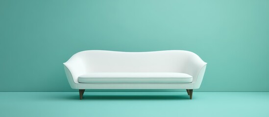 Modern white sofa on mint green background with copy space for text or branding. Minimalist interior design concept.