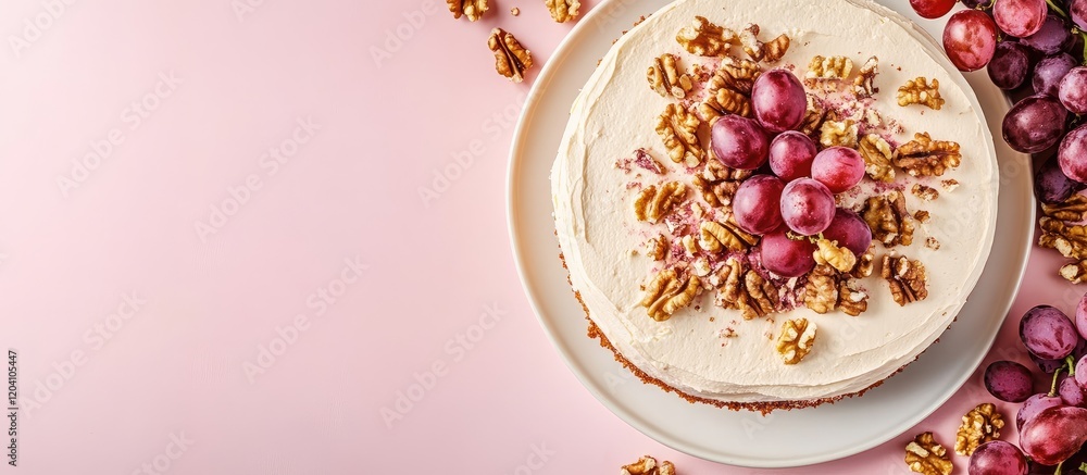 Poster cake with grapes and walnuts on a light pink background with copy space for text placement.