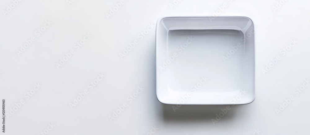 Poster square white ceramic plate on a white surface with ample copy space for text or design elements