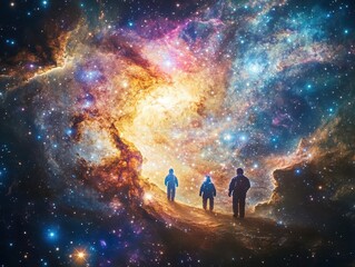 Glowing celestial figures amidst galactic wonder