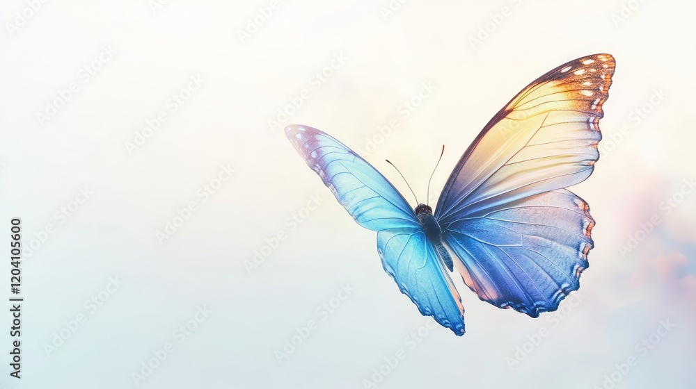 Poster blue butterfly with transparent wings isolated on soft pastel background with copy space for text