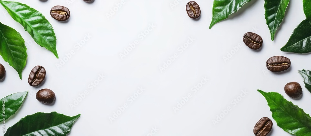 Poster coffee beans and green leaves arranged on a white background with ample copy space for text placemen