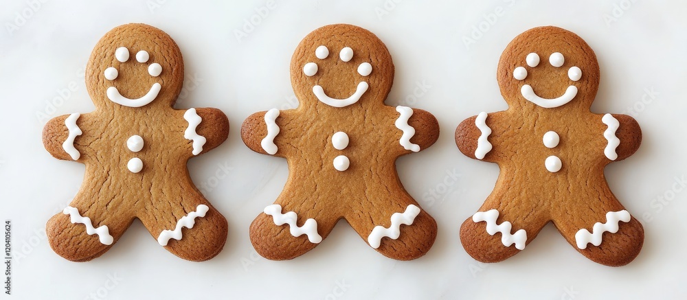 Aufkleber gingerbread cookies decorated with icing arranged in a row on a white background copy space