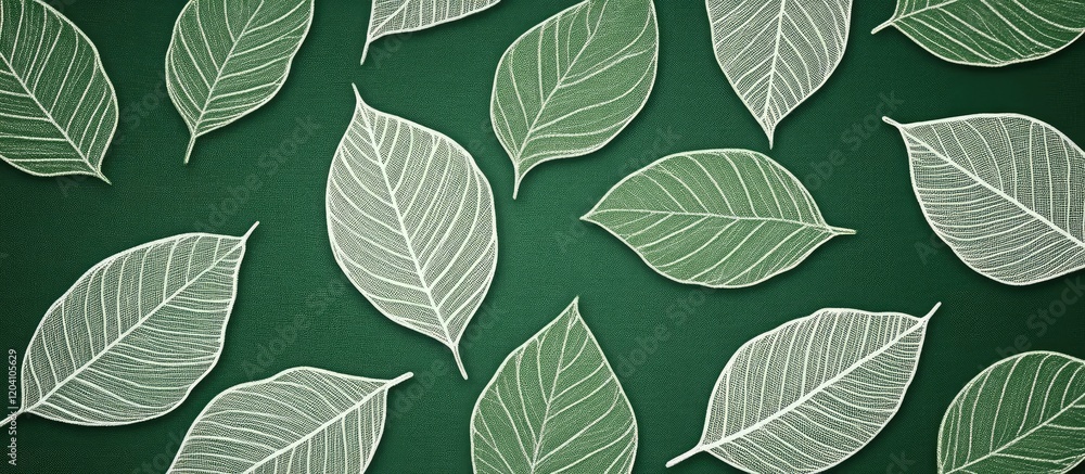 Poster green background with white outline leaves scattered evenly across the surface featuring ample copy 