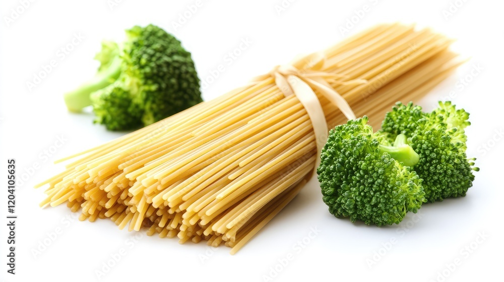 Aufkleber raw spaghetti bundle with fresh broccoli florets on a white background with copy space.
