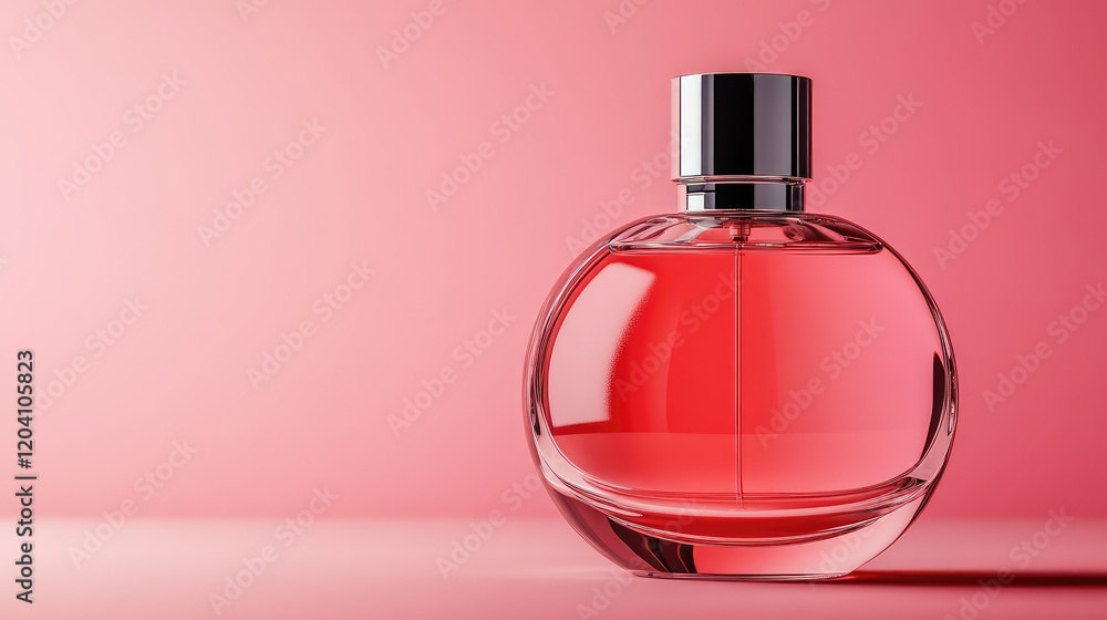 Poster elegant circular perfume bottle with pink liquid on a soft pink background featuring ample copy spac