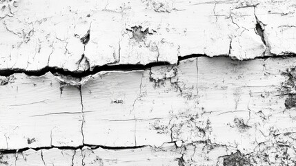 Obraz premium Weathered white wood surface with cracks and peeling paint, abstract textured background with Copy Space.
