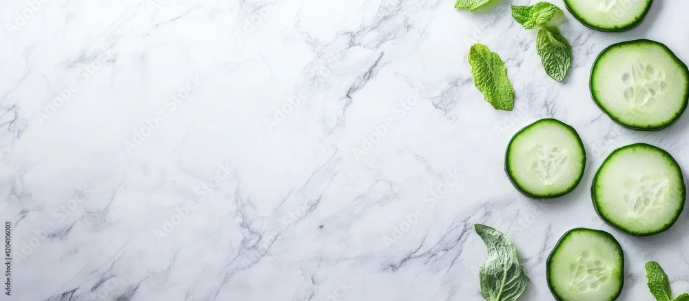 Poster fresh cucumber slices with mint leaves on marble surface with copy space for text placement.