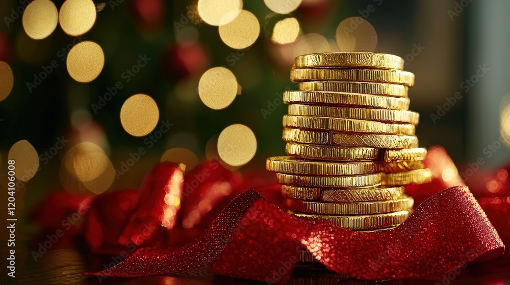 Poster shimmering gold coins stacked on table with bokeh background effect