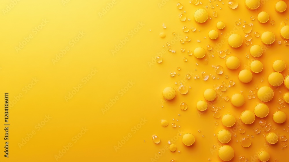 Poster yellow background with raised circular shapes and water droplets showcasing texture and color contra