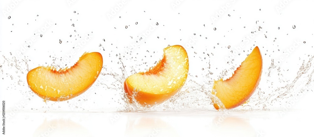 Poster sliced peach segments splashing into water with droplets on white background copy space
