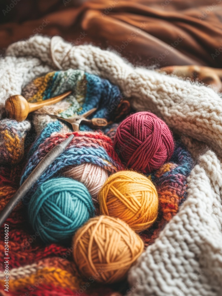 Aufkleber colorful yarn and knitting tools arranged on a cozy blanket during a relaxing afternoon crafting ses