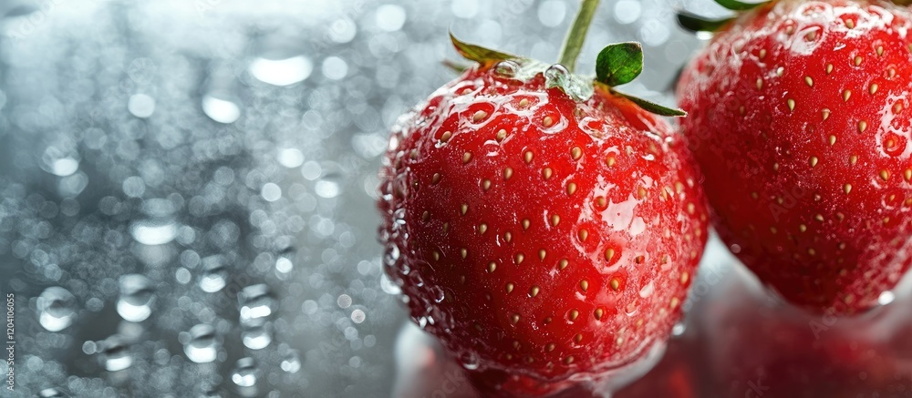 Poster fresh strawberries with droplets of water on a reflective surface with copy space for text.