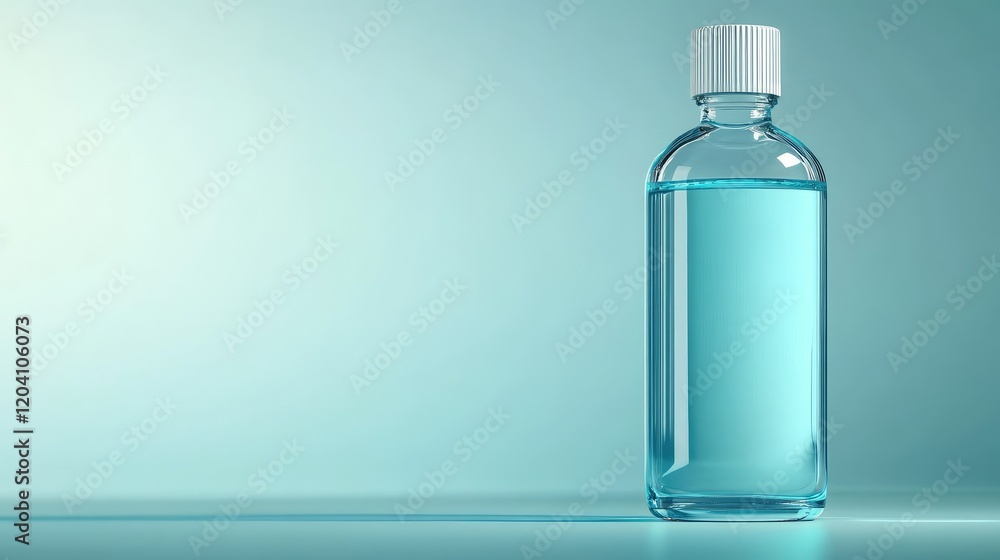 Poster transparent water bottle filled with blue liquid on minimalistic gradient background with copy space